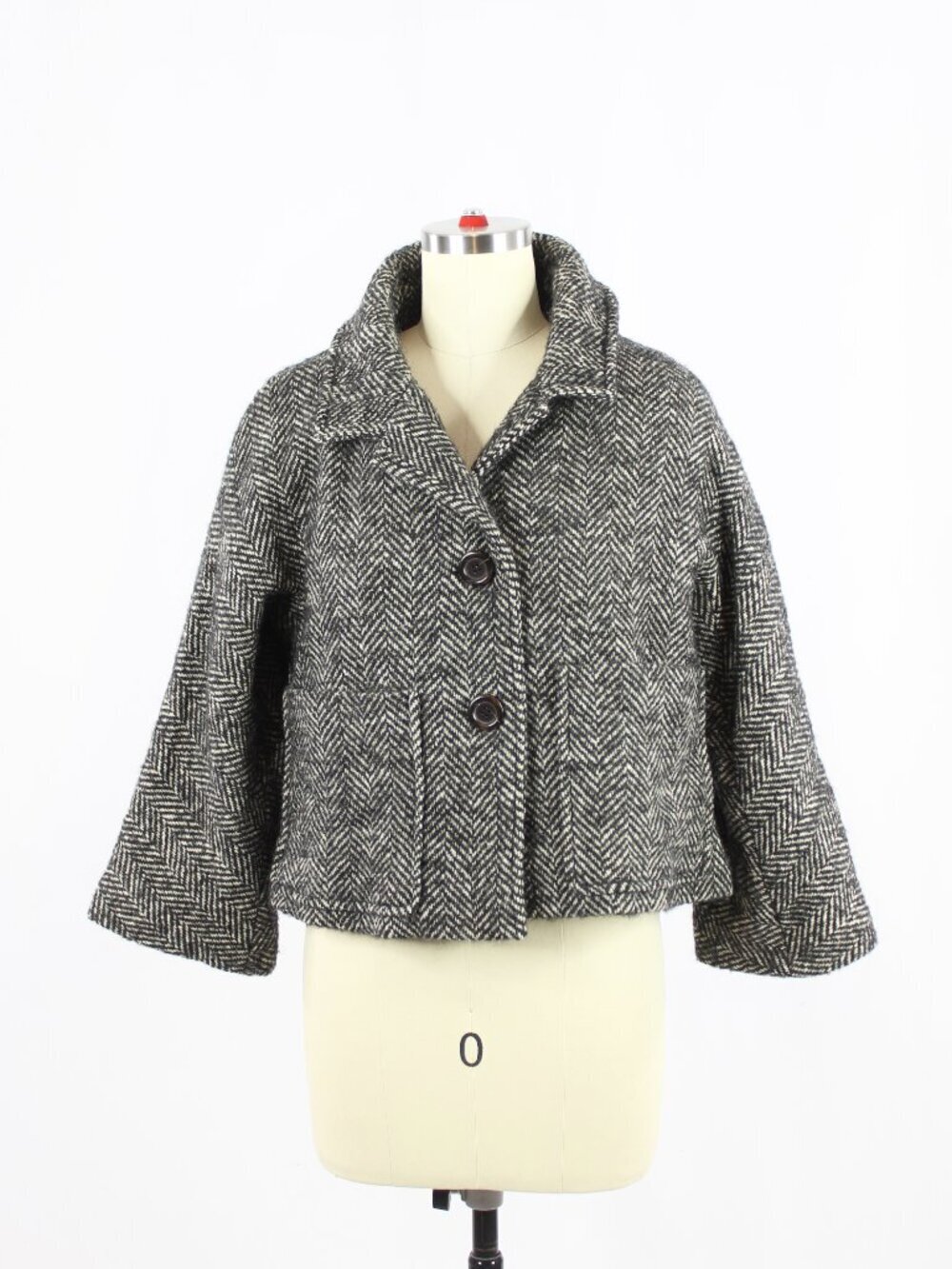 NWT KOOKAI Black Grey Wool Herringbone Tweed Cropped Mod Box Jacket, Size 38/M